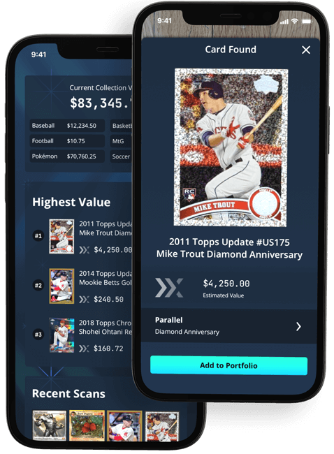 In app view of a baseball card found by scanner and the collectors dashboard featuring high-value baseball cards