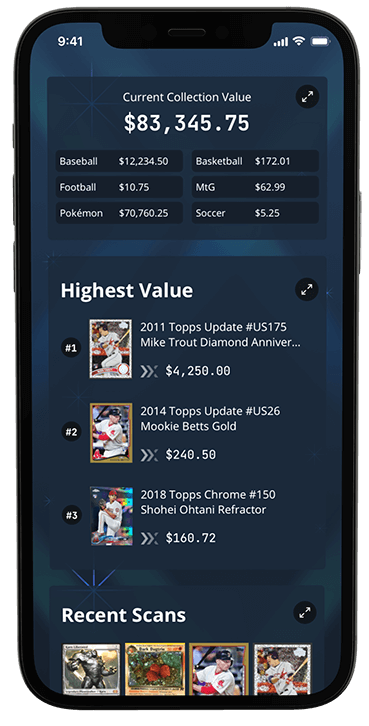 In app view of a collectors dashboard with their highest value cards
